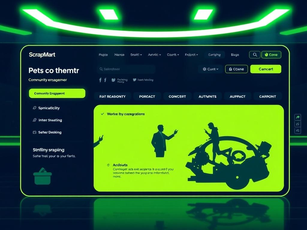 A clean, modern interface showing a community engagement section, featuring deep navy backgrounds with bright green accents. The design should illustrate interaction between users and ScrapSmart, with car part silhouettes enhancing the automotive theme.