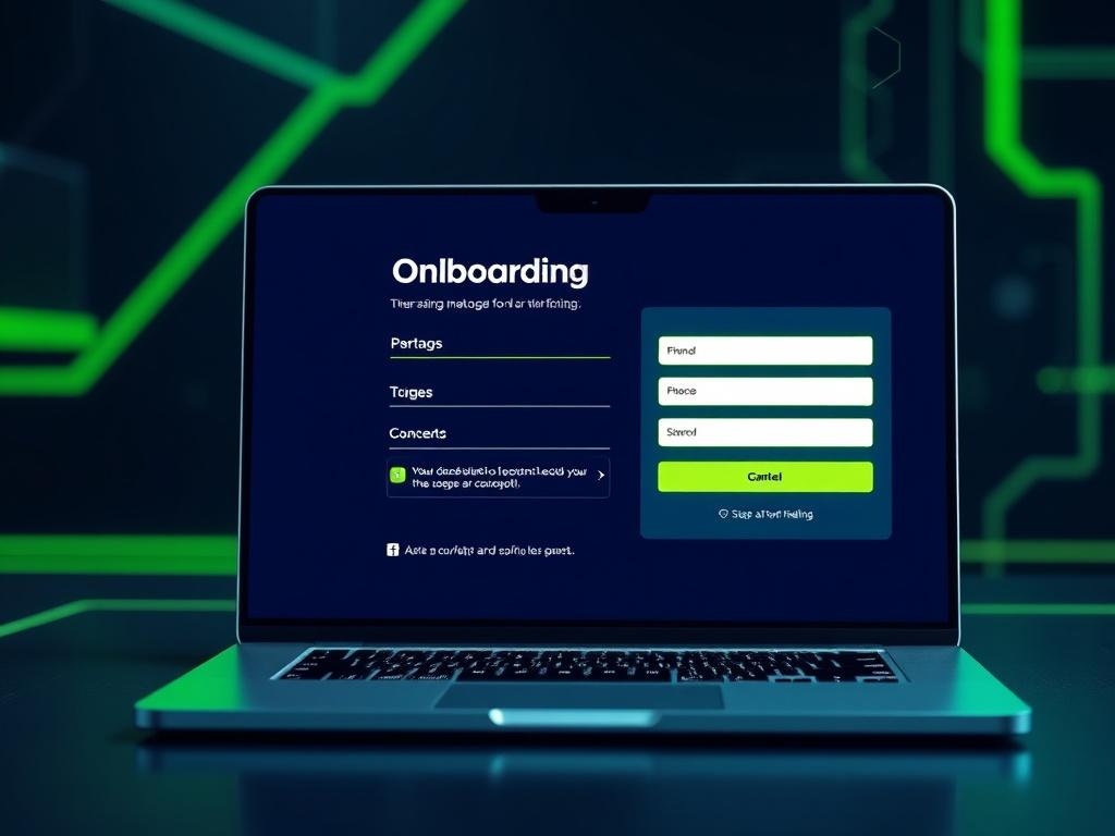 A visually appealing onboarding form displayed on a laptop screen, featuring bright green accents on a navy background, showcasing user-friendly fields.