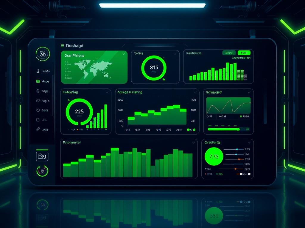 A futuristic dashboard interface showcasing user-friendly features for scrapyards and garages, set against a deep navy background with bright green accents.