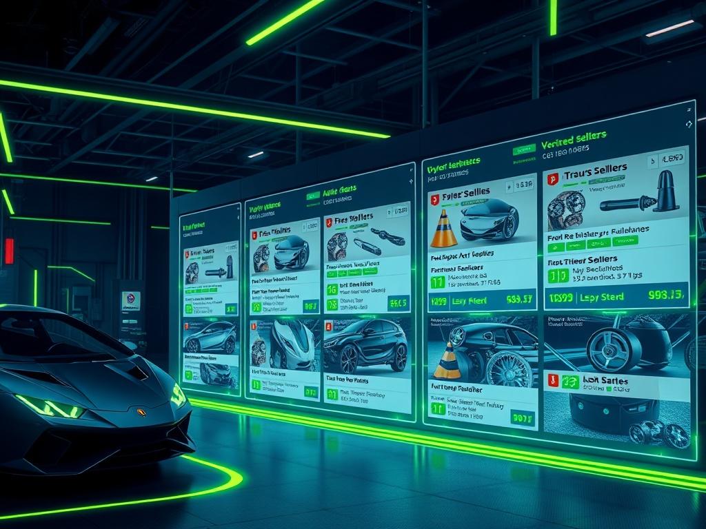 A vibrant marketplace scene displaying various car parts listed by verified sellers, with a sleek digital interface overlay highlighting trust and transparency, against a futuristic deep navy background.