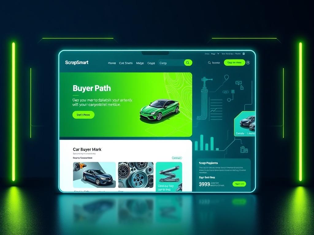 A clean and modern webpage design featuring the Buyer Path for ScrapSmart, with vibrant visuals of car parts and user-friendly navigation elements, set against a deep navy backdrop.