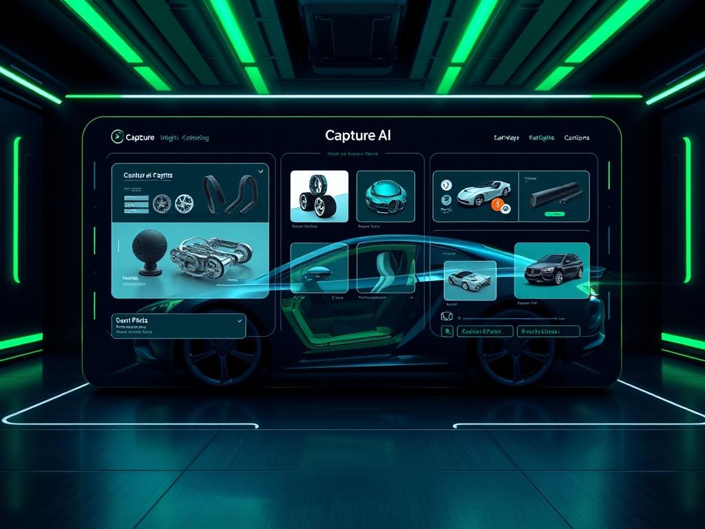 A futuristic digital interface showcasing the Capture AI tool in action, displaying car parts being matched with users' photos on a sleek, modern background with deep navy tones and bright green accents.