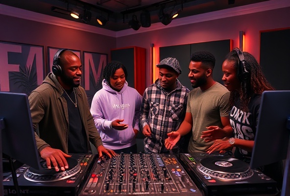 Black people in studio vibing with DJ equipment and turntables