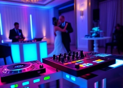 Wedding DJ with elegant reception setup and neon lighting