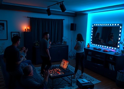 Private house party with DJ equipment and friends dancing