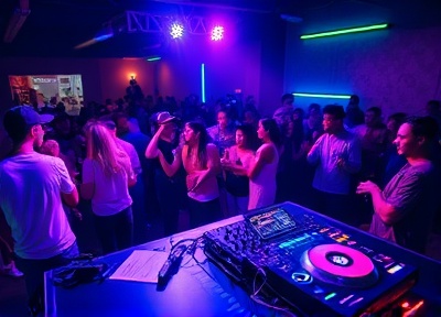 Event DJ at corporate party with neon lighting