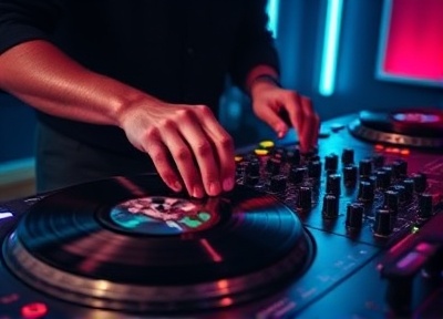 DJ mixing at turntables with vinyl records and neon lighting