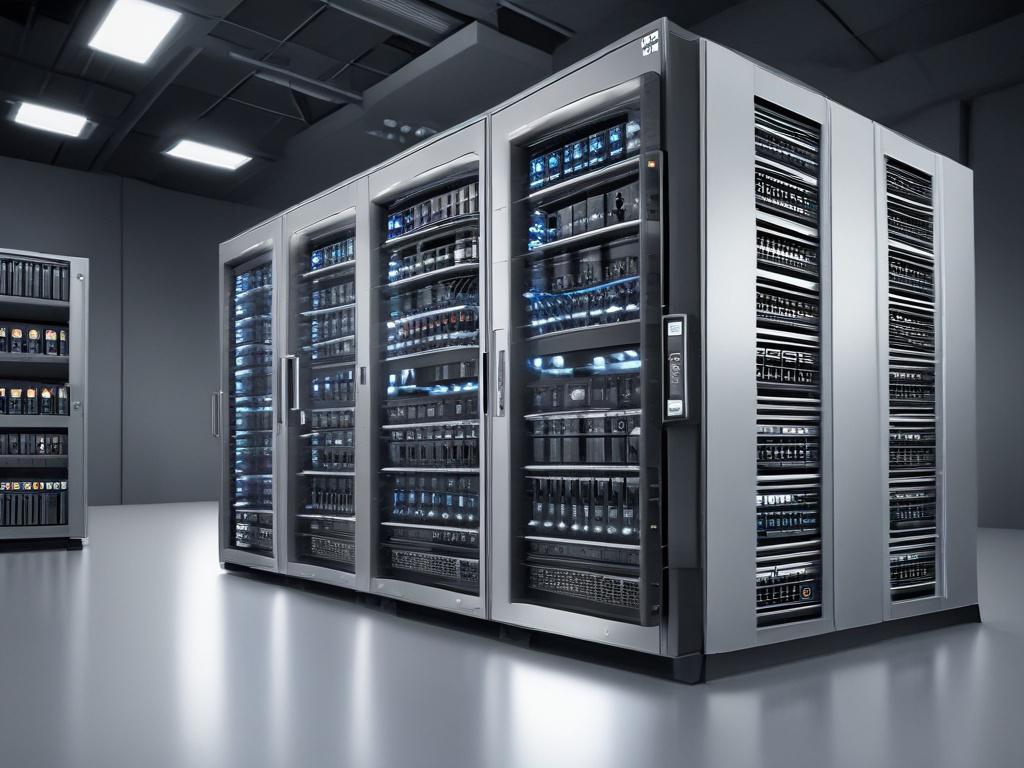 A close-up shot of a modern cloud server setup, showcasing sleek server racks with LED lights, against a clean, professional background. The image should be hyper-realistic, with focus on the intricate details of the server components, shot with a 45mm f/1.2 lens style, and compatible with the rgb(2, 86, 197) primary color.