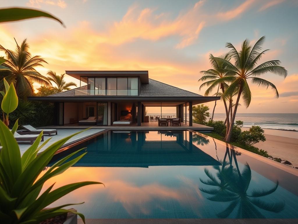 Create a realistic high-resolution photo that showcases a luxurious villa accommodation in Lombok. The image should feature a stunning, modern villa with an elegant design, showcasing large windows and an open-air structure that seamlessly blends with nature. The villa should have a private infinity pool that reflects the vibrant colors of the sunset, surrounded by lush tropical foliage.

Place the villa centrally in the composition so that it draws attention immediately. In the background, include a pictur