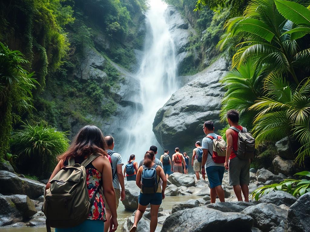 A group of tourists exploring a lush waterfall in Lombok,