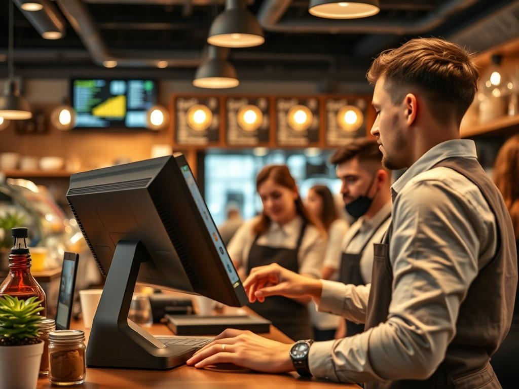 A modern POS system in a bustling café, featuring sleek hardware and an intuitive interface. The image captures staff members efficiently serving customers, showcasing the seamless integration of technology in a lively hospitality environment. Bright colors and dynamic movement convey the energy of a thriving business.