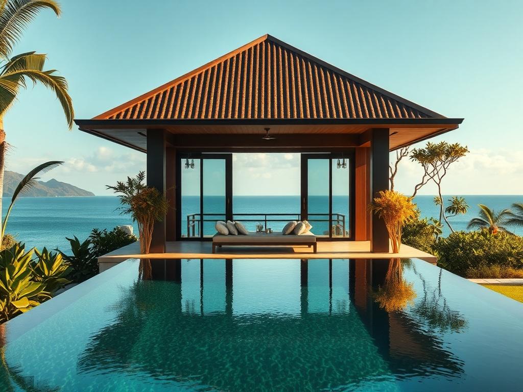 A luxurious villa in Lombok, Indonesia, featuring a private pool, surrounded by lush greenery and stunning ocean views. The image captures the villa's elegant architecture and serene ambiance, creating a sense of tranquility. The composition focuses on the villa, with warm sunlight illuminating the scene, showcasing the beauty of the surroundings.