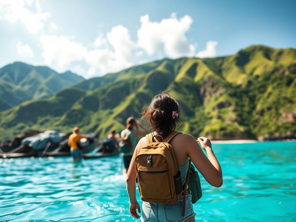 A picturesque scene of Lombok's stunning coastline, featuring a vibrant beach with turquoise waters and lush green hills in the background. The image showcases a group of travelers enjoying a guided island exploration, capturing the essence of adventure and the beauty of Lombok's natural landscapes.