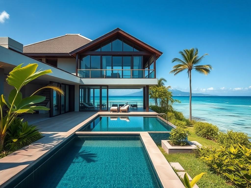 A stunning beachfront villa in Lombok, Indonesia, featuring a private pool, modern architecture, and lush tropical landscaping. The focus should be on the villa, with clear blue skies and the ocean in the background, captured in high resolution. The composition should highlight the beauty of the villa and its serene environment.