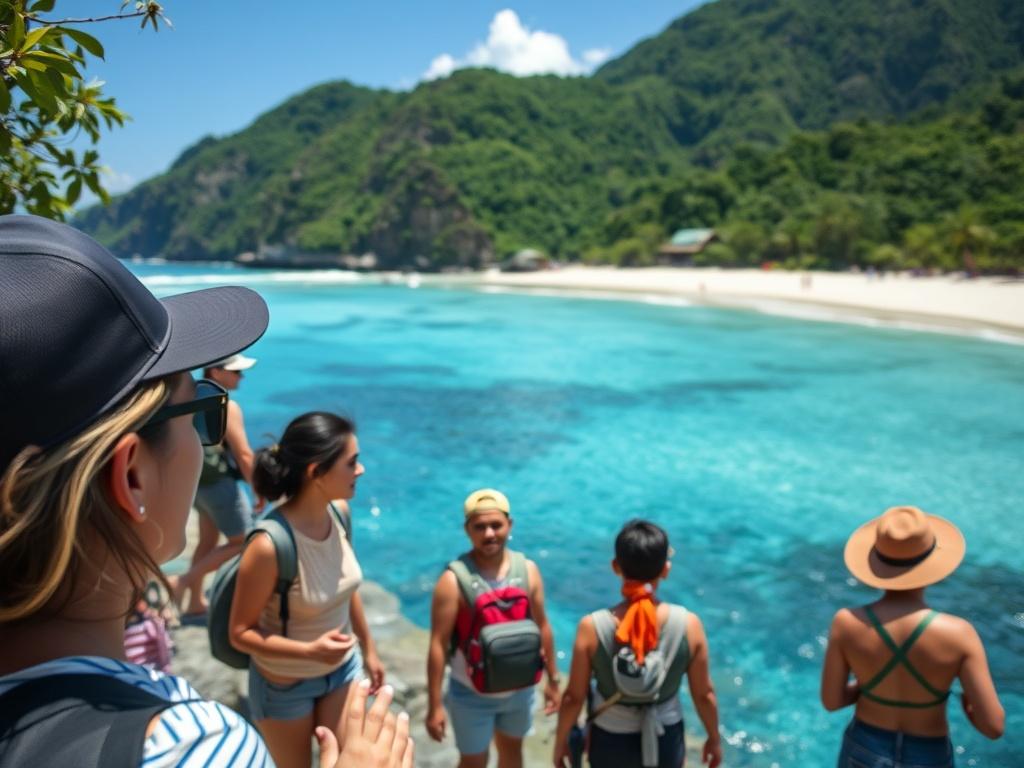 A vibrant scene of a guided tour in Lombok, Indonesia, showcasing a group of tourists exploring a scenic beach with clear blue waters and lush greenery. The focus should be on the joy of exploration, highlighting the natural beauty and cultural richness of the island.