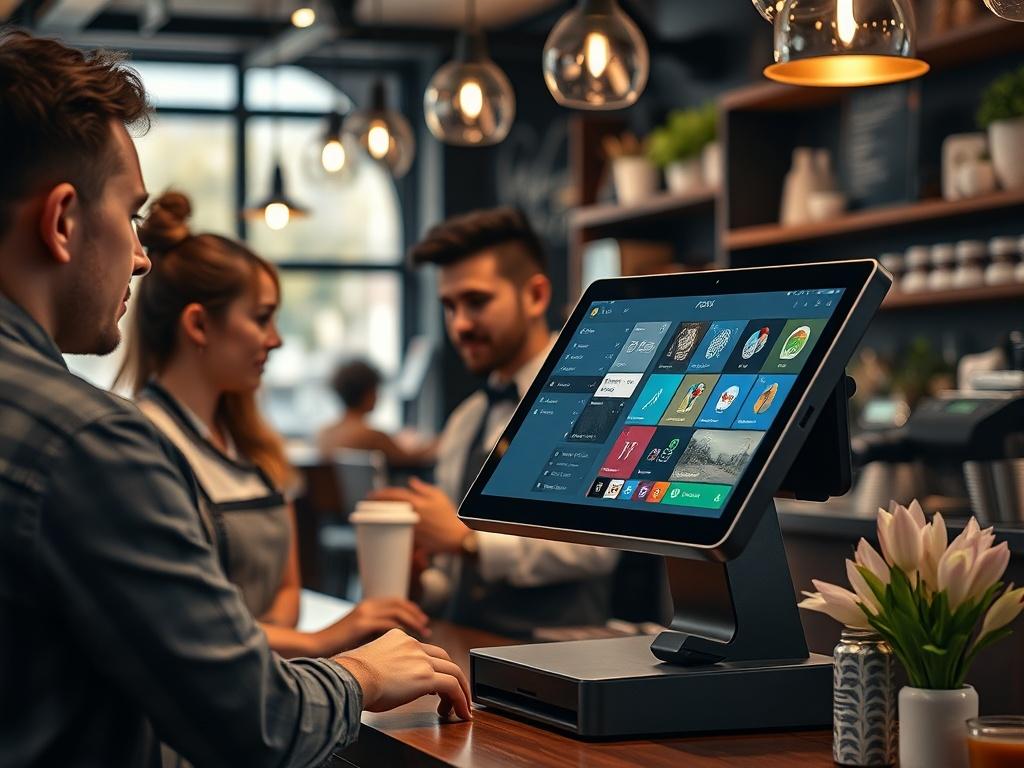 A modern POS system setup in a trendy café, showcasing sleek technology, user-friendly interface, and vibrant café ambiance. The image should highlight the interaction between staff and customers, emphasizing efficiency and modern service.