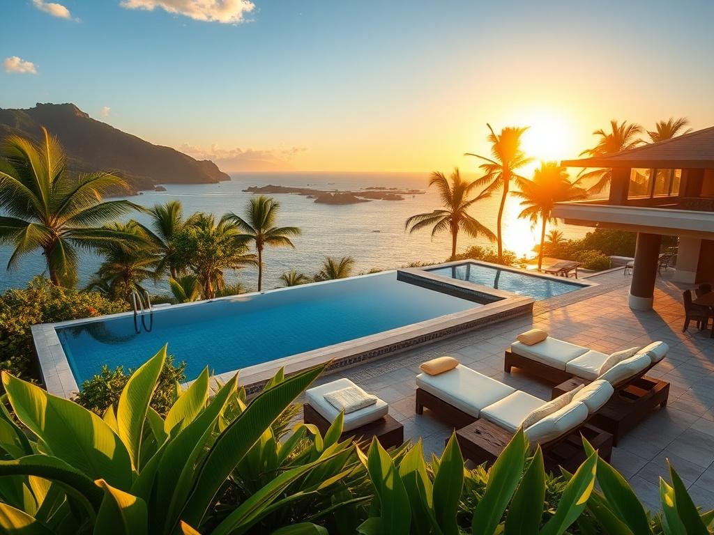 A luxurious villa in Lombok with a stunning ocean view, surrounded by lush tropical greenery. The villa features a private pool with clear blue water, and elegant outdoor seating arrangements. The sun is setting in the background, casting a warm golden glow over the scene, evoking a sense of tranquility and luxury. The image should focus on the villa and its surroundings, highlighting the beauty of the tropical paradise.