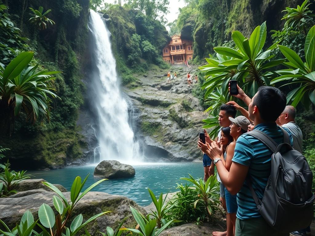 A scenic view of a hidden waterfall on Lombok Island, surrounded by lush greenery and tropical plants. A group of enthusiastic tourists is captured while enjoying the natural beauty, taking photos and engaging with the environment. The image should convey a sense of adventure and exploration, highlighting the stunning landscape and the joy of discovering Lombok's hidden gems.
