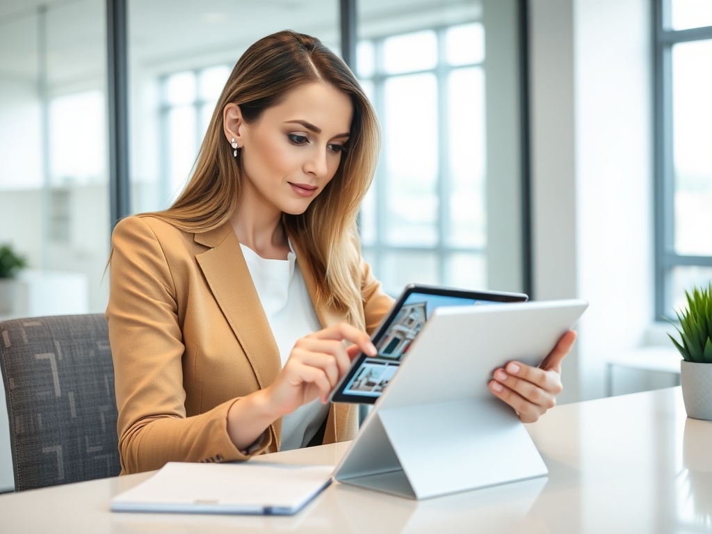 Professional reviewing construction photos on tablet