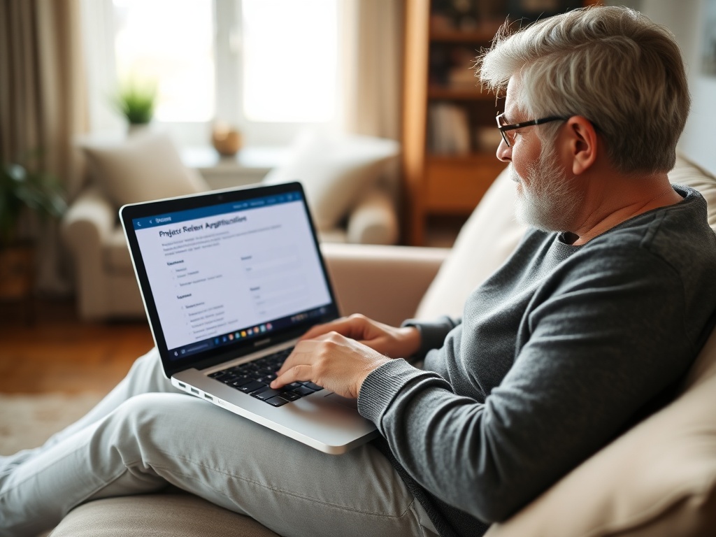 Homeowner at home filling out project review application on laptop