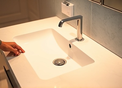 Bathroom sink detail showing caulking issue
