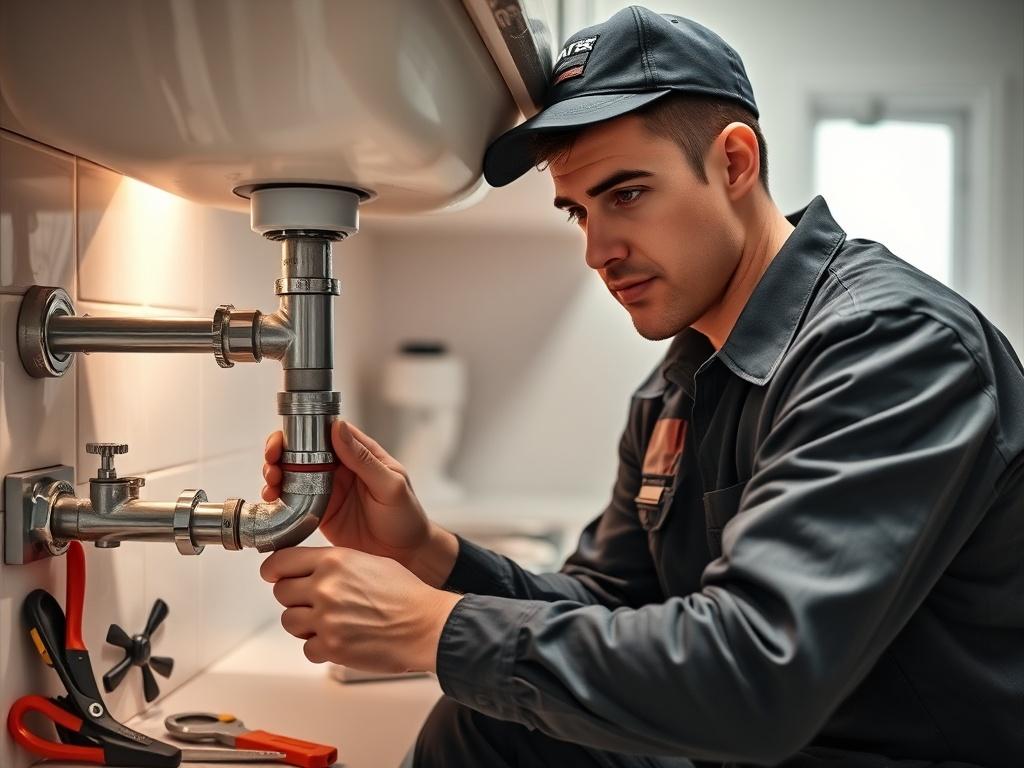 A realistic high resolution of a plumber in action, wearing