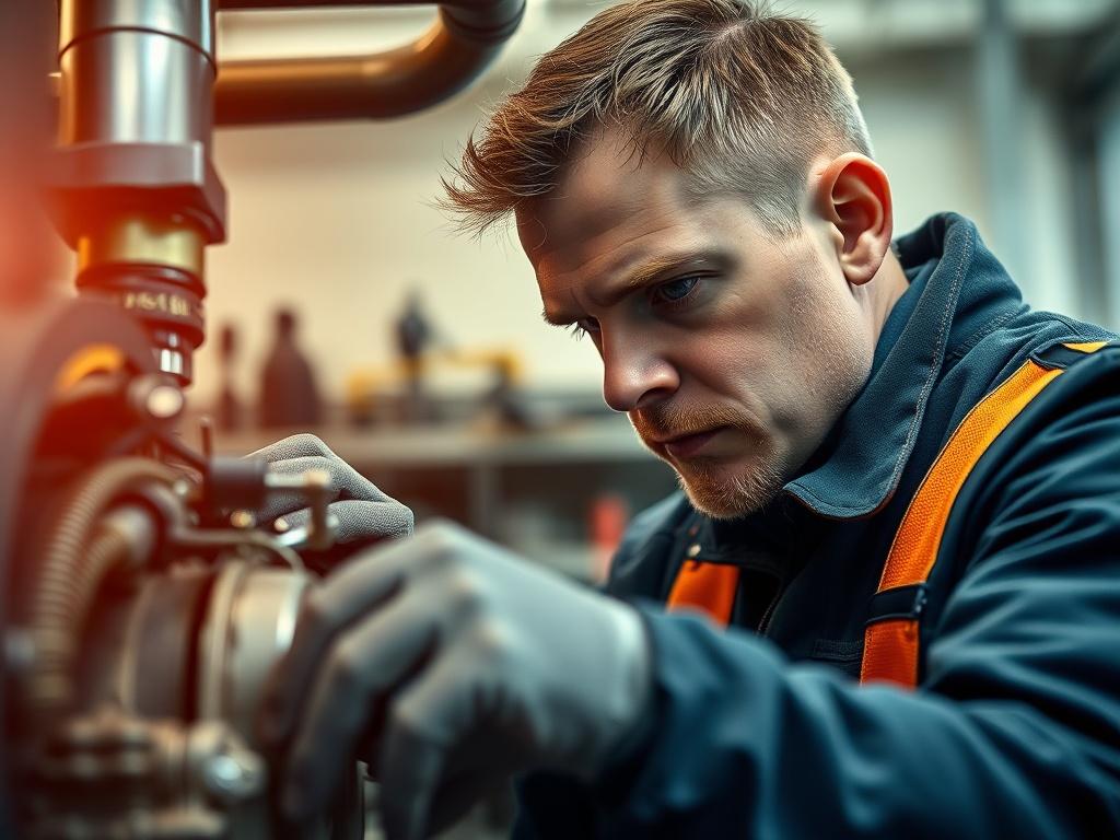 A close-up shot of a skilled technician performing maintenance on a biomass boiler, focusing on the intricate details of the machinery. The background should be a clean, well-lit workshop environment, with tools and equipment subtly visible. The image should capture the technician's focused expression as they work, showcasing professionalism and expertise in boiler servicing.