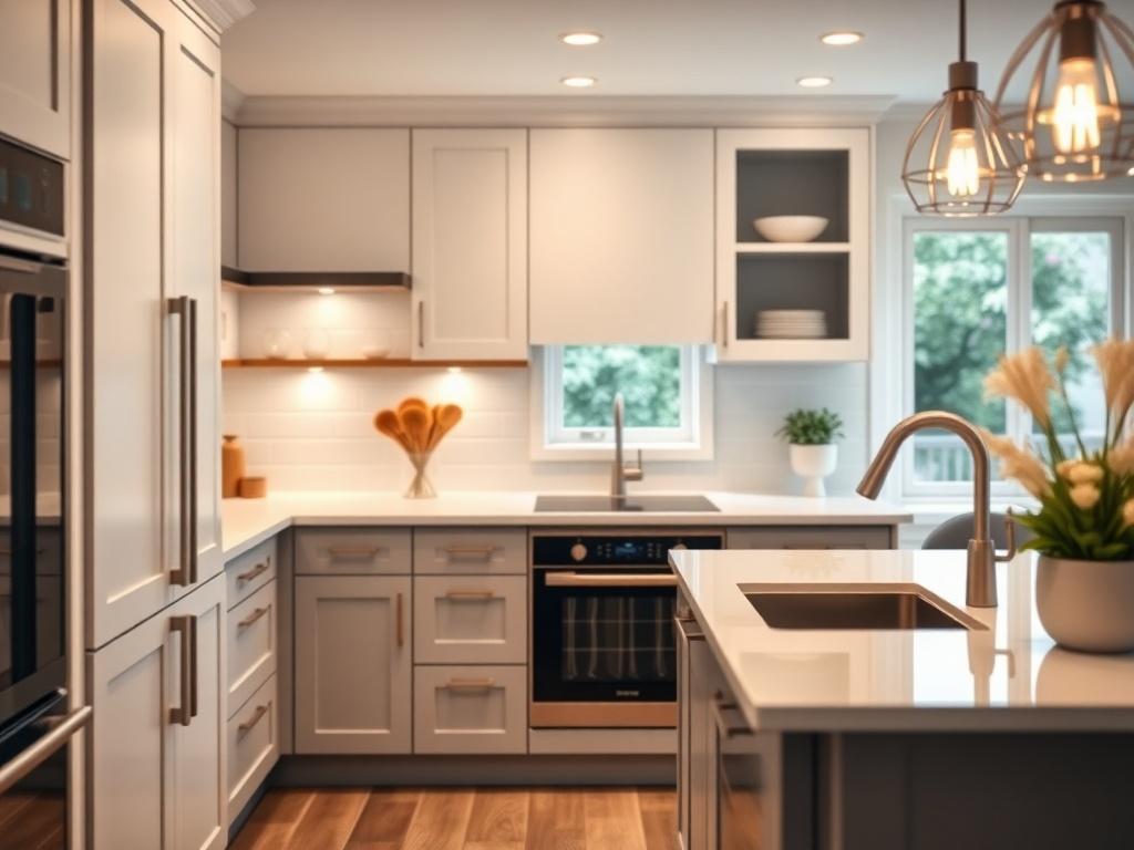 A beautifully renovated kitchen featuring modern finishes and appliances. The composition should highlight the sleek cabinet designs, new countertops, and stylish lighting. The background should be softly blurred to emphasize the kitchen's details, creating a warm and inviting atmosphere. The colors should be balanced and harmonious, showcasing a contemporary yet cozy feel.