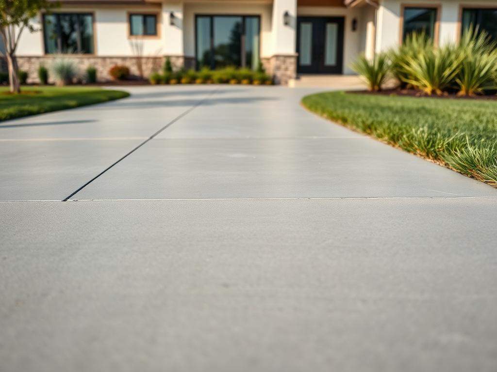 A close-up shot of a freshly installed concrete driveway, showcasing the smooth finish and clean lines. The driveway should be flanked by well-manicured grass and a modern home in the background. The image should be bright and vibrant, emphasizing the durability and aesthetic appeal of the concrete. The composition should be simple and clear, focusing solely on the driveway with no other distractions.