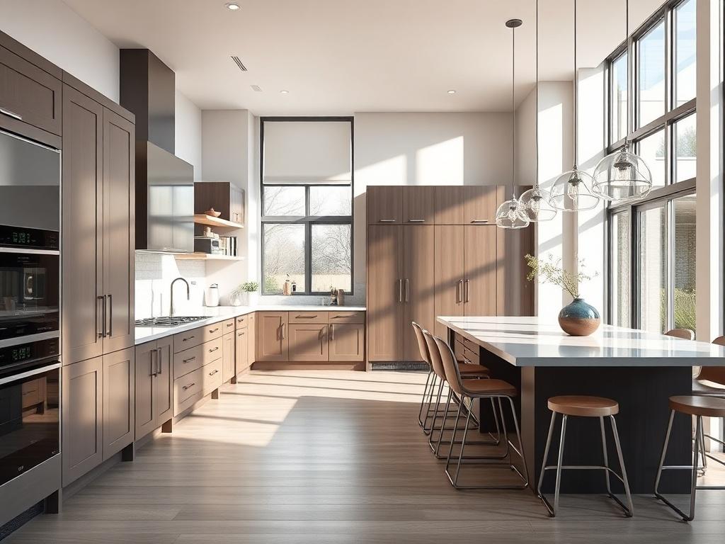 A beautifully remodeled kitchen showcasing a modern design. The image should focus on a spacious kitchen with sleek cabinets, a large island with bar stools, and a harmonious color palette. Natural light streams in through large windows, highlighting the elegant finishes and inviting atmosphere. The background should be minimalistic, emphasizing the kitchen's features. Capture the essence of comfort and style in a hyper-realistic close-up shot.