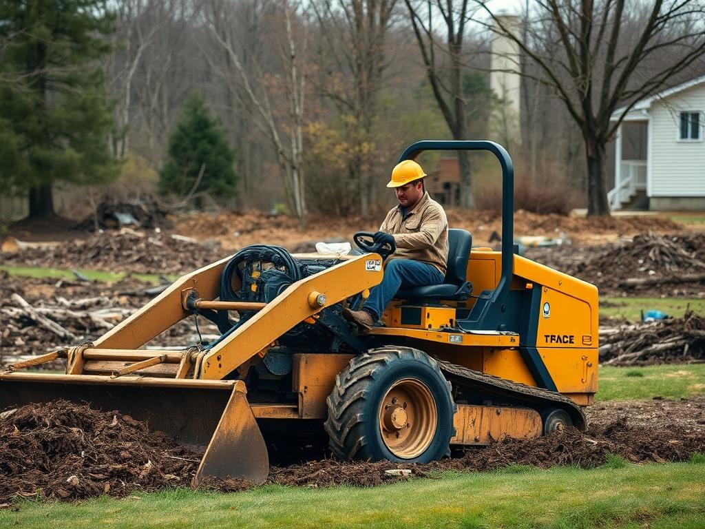 A hyper-realistic close-up shot of a skilled grounds contractor using heavy machinery to clear a residential plot of land. The background features a partially cleared area with trees and brush being removed. The focus is on the contractor operating the equipment with precision, showcasing the equipment's details and the surrounding nature. Shot with a 45mm f/1.2 lens style, capturing vibrant colors and textures.