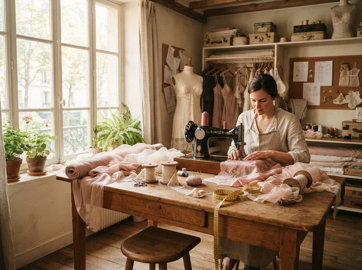 The Maison Lune atelier with fabrics, lace trim, and a vintage sewing machine