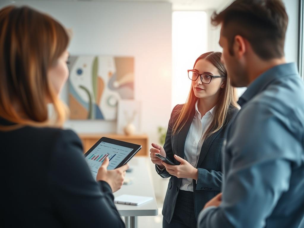 Create a realistic high-resolution photograph that captures the essence of the IT consulting process, focusing on a single subject. The main subject should be a professional male or female IT consultant, engaged in a discussion with a client in a modern office setting. The consultant should be depicted holding a tablet or laptop, displaying graphs or IT solutions, illustrating the assessment phase. 

In the background, include elements that signify a professional environment, such as a sleek desk, a large w