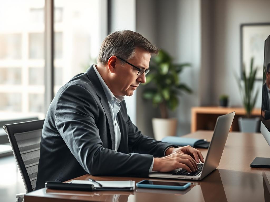 Create a realistic high-resolution image that reflects the blog titled "The IT Solutions Consulting Process: From Assessment to Implementation." The image should feature a professional IT consultant seated at a modern workstation. The consultant, a middle-aged individual with short, neatly styled hair and wearing a smart-casual outfit, should be intently focused on a laptop screen, indicative of assessing data or systems.

The background should be a sleek, contemporary office environment with clean lines an