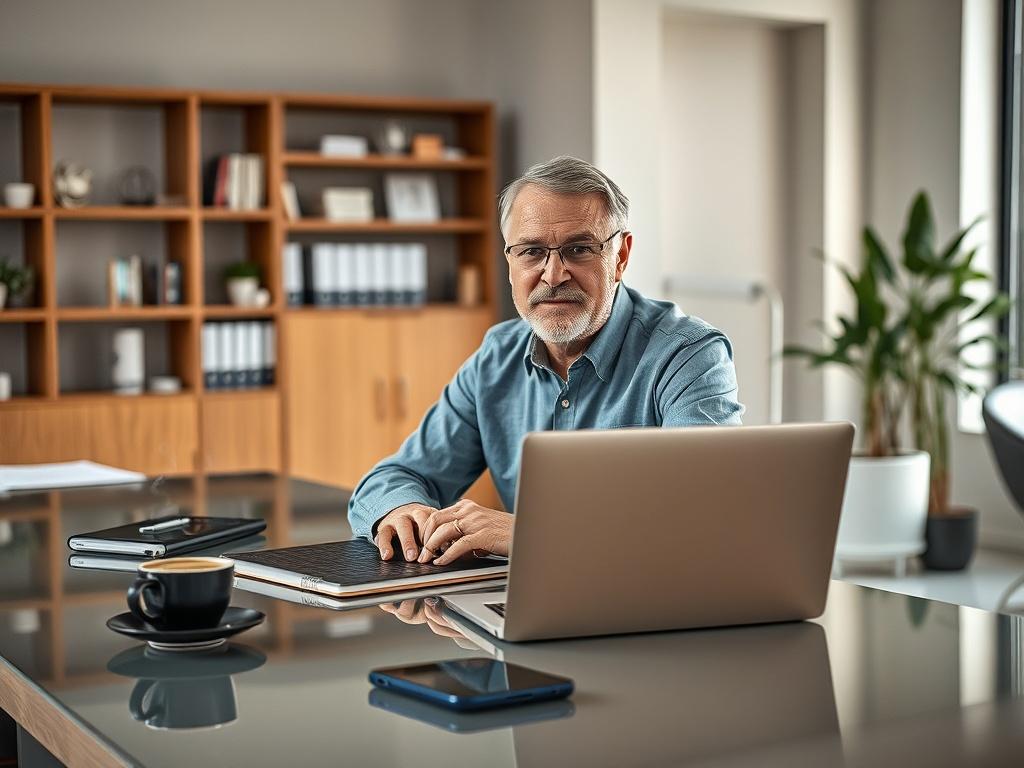 **AI Image Generation Prompt:**

Create a highly detailed, realistic high-resolution close-up photograph that embodies the theme of "5 Benefits of Managed Networks for Growing Small Businesses." The image should focus on a single subject: a small business owner, a middle-aged individual with a confident expression, sitting at a sleek, modern desk in a contemporary office with an open layout. 

The subject should be actively engaged with a laptop, showcasing collaboration and technology use, symbolizing the 