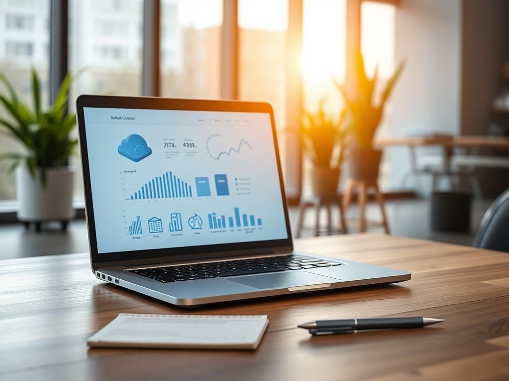 Create a realistic high-resolution photo focusing on the concept of business scalability through IT solutions. The composition should feature a single subject: a modern, sleek laptop open on a minimalist wooden desk. The laptop's screen should display an illustrated interface showcasing data analytics and cloud computing symbols, representing flexible IT services. 

In the background, include a blurred office environment with a few potted plants and large windows allowing natural light to fill the space, su