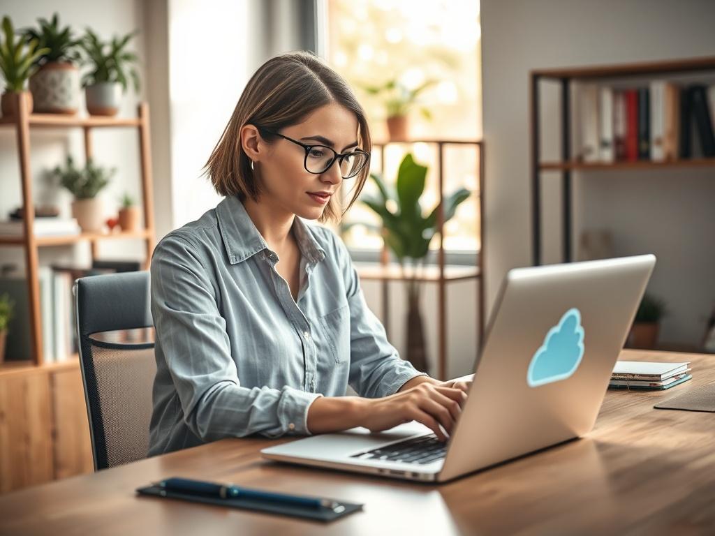 **AI Image Generation Prompt:**

Create a realistic high-resolution photo that visually represents the theme "The Role of Cloud Computing in Small Business IT Solutions." Focus on a single subject: a small business owner, a woman in her mid-30s, seated at a modern desk in a well-lit home office. She is intently working on her laptop, with a cloud computing graphic subtly displayed on the screen, suggesting the use of cloud-based IT solutions. 

The background should feature shelves adorned with plants and b