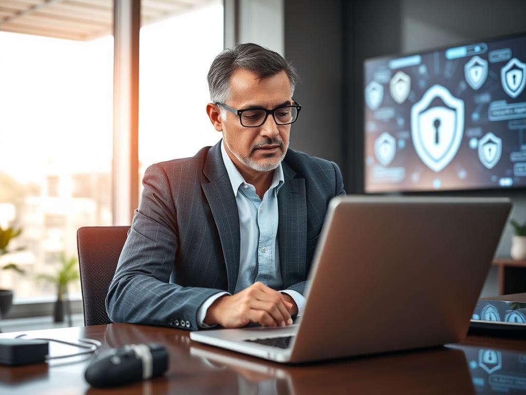 Create a highly detailed, realistic high-resolution photo that captures the essence of an IT solutions company focusing on cybersecurity and data protection. The composition should feature a single subject: a professional IT consultant, a middle-aged individual of mixed ethnicity, seated confidently at a modern desk with a laptop open in front of them. The consultant has a look of concentration, reviewing security protocols on the screen. 

The background should be a sleek, contemporary office environment f