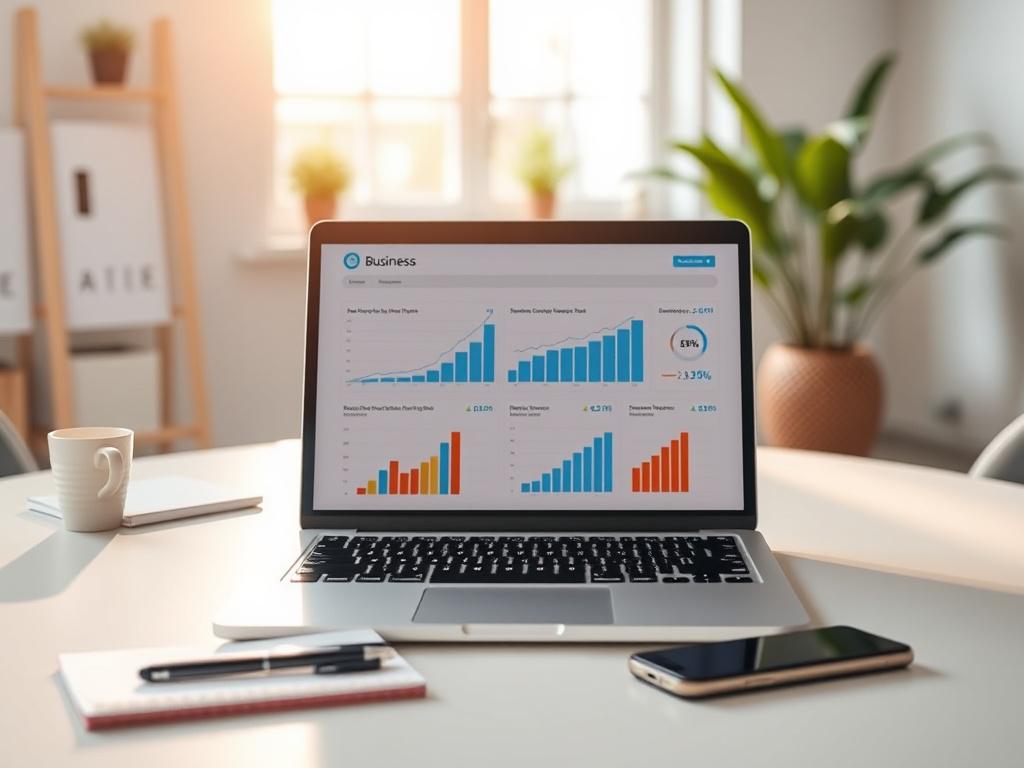 Create a realistic high-resolution photo that captures the essence of a blog titled "The 5 Best IT Solutions Every Small Business Needs to Succeed." Focus on a single subject: a modern laptop opened on a clean, minimalist desk. The laptop screen should display visually engaging charts and graphs representing business growth, emphasizing the importance of IT solutions for small businesses. 
The background should consist of a softly blurred office environment with natural lighting filtering through a window