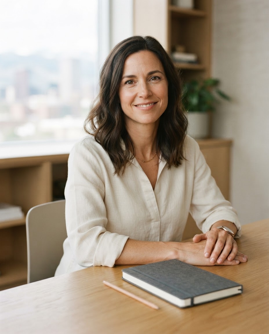 Julia Marchetti seated at a table in her sunlit Denver office