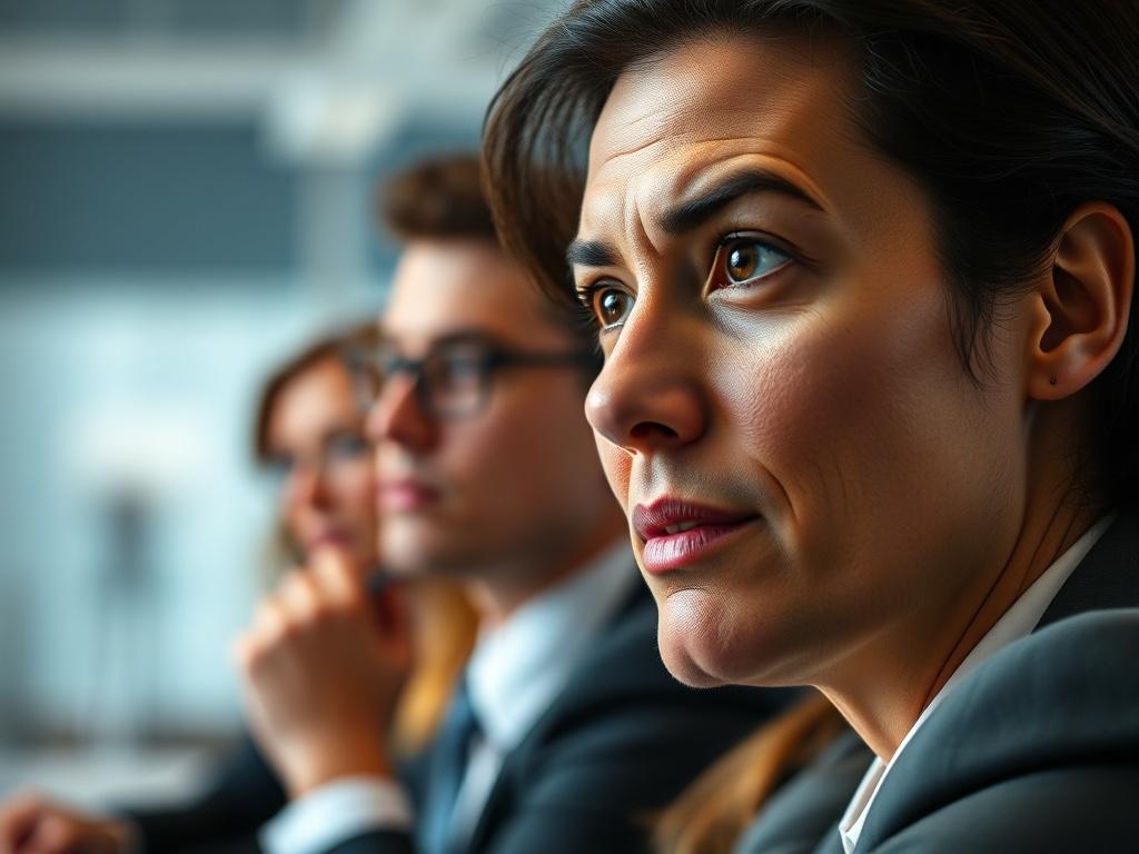 A close-up shot of a professional executive engaged in a leadership workshop, with a focus on their expressive face showing determination and confidence. The background is a soft-focus office setting, conveying a sense of growth and professionalism. The lighting is warm and inviting, highlighting the subject's features and expressions.