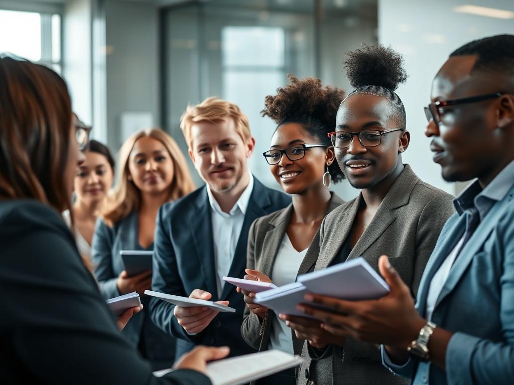 A close-up shot of a diverse group of professionals engaged in a leadership training session. The focus is on a facilitator guiding the group, with participants actively listening and taking notes. The background is a modern office setting, emphasizing a collaborative learning environment. The lighting is bright, highlighting the engaged expressions of the participants. The image should evoke a sense of empowerment and growth, capturing the essence of leadership development.