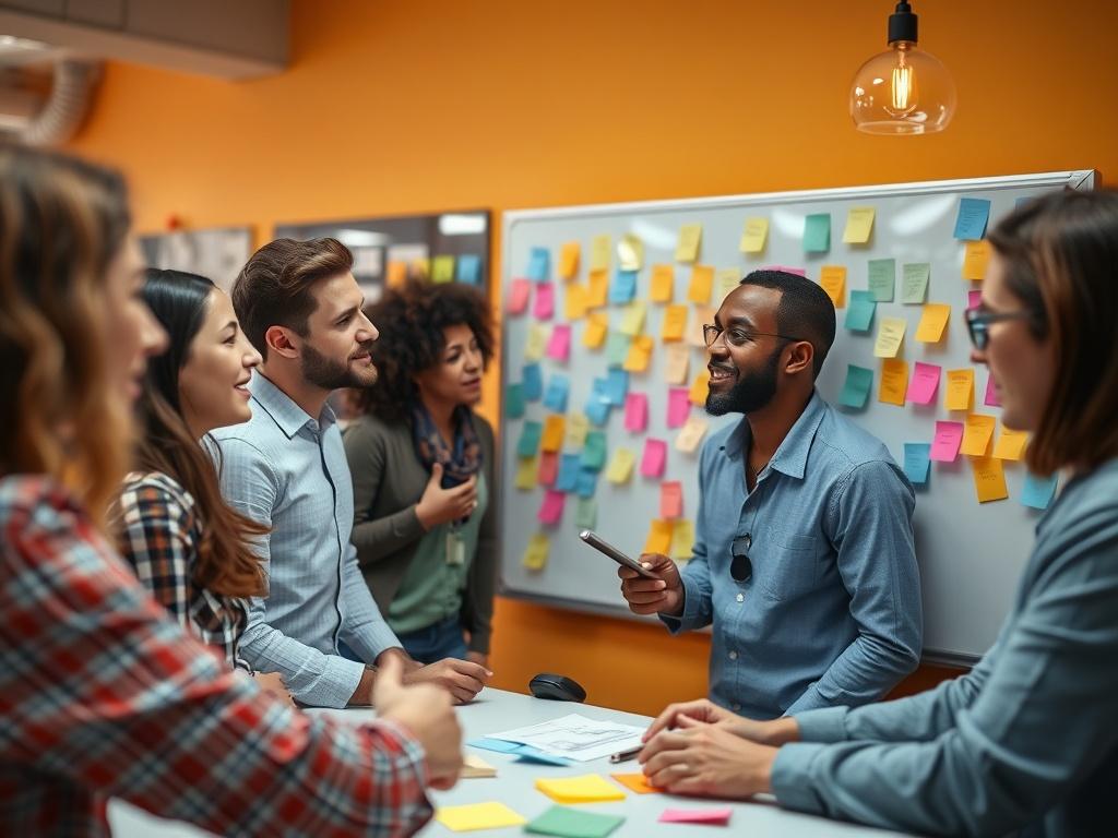 A dynamic team in a vibrant office space participating in
