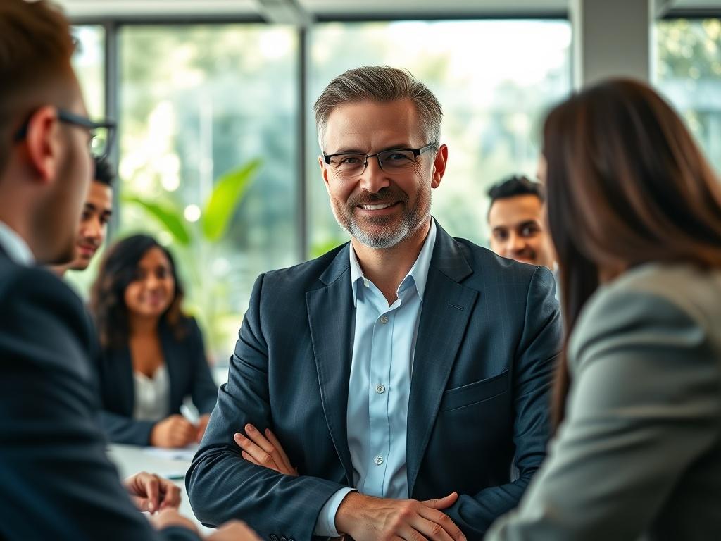 A focused portrait of a confident corporate leader in a