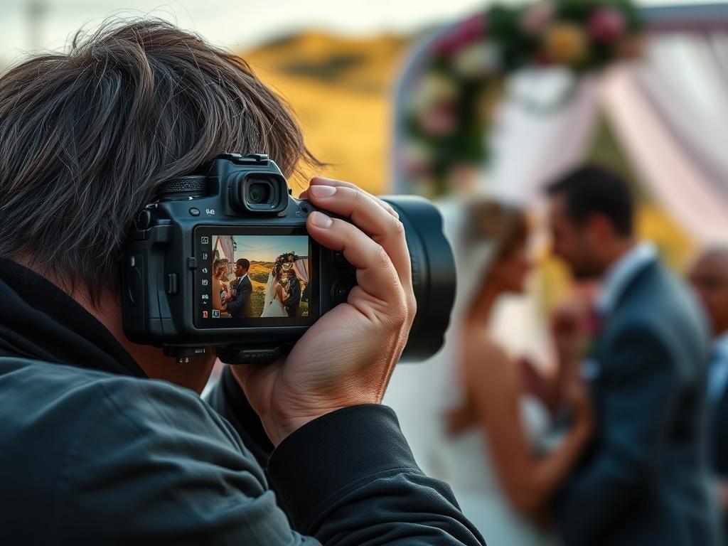 A close up shot of a professional photographer in action,