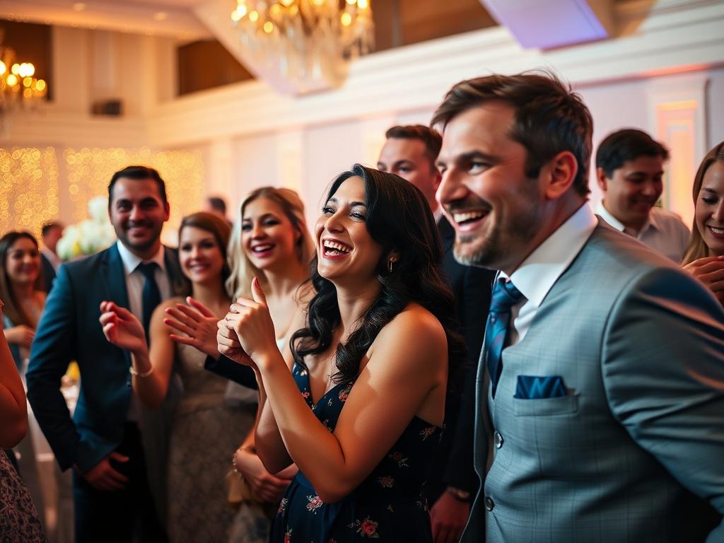A vibrant scene from a wedding reception, showcasing guests laughing