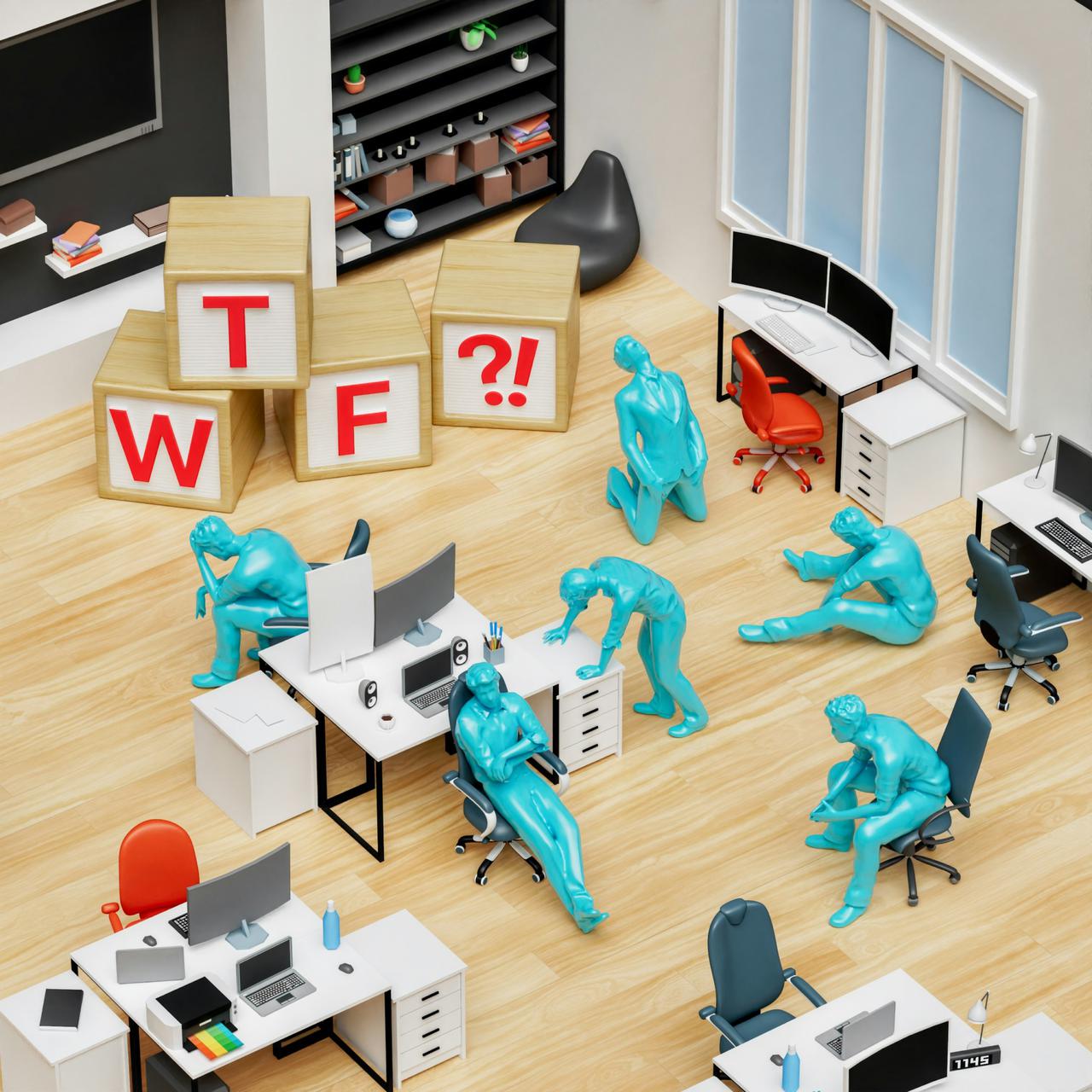 A frustrated team in the big open space office next to WTF wood cubes