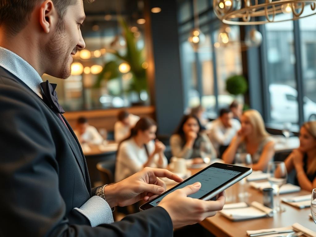 A close up shot of a restaurant host managing reservations