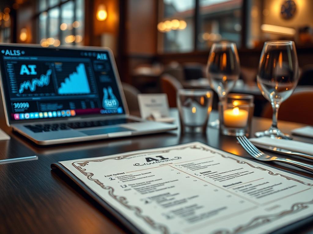 A close-up shot of a beautifully designed menu on a table in a restaurant, with AI analytics displayed on a laptop in the background. The scene should convey a warm and inviting atmosphere, highlighting the connection between technology and dining.