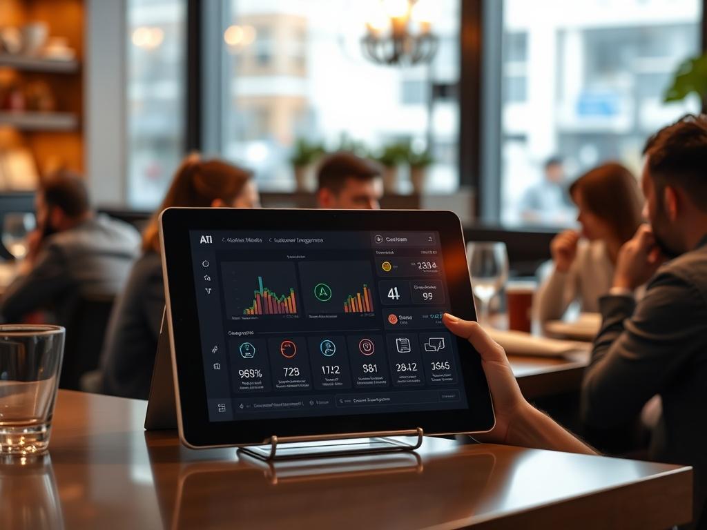 A close-up shot of a tablet displaying an AI-driven customer engagement interface in a restaurant setting. The background should be softly blurred to emphasize the tablet, with a warm, inviting ambience featuring diners enjoying their meals in a modern restaurant.